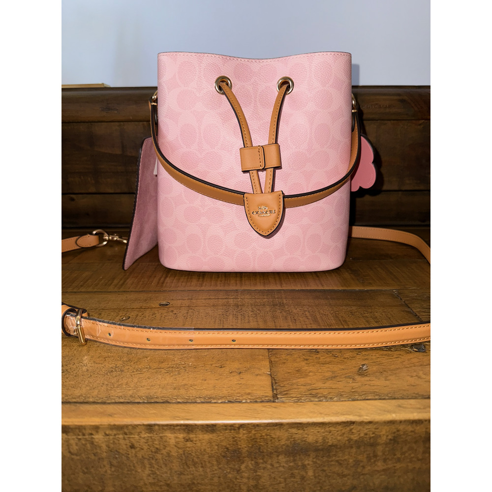 NWT Coach Bucket Bag Women's Medium Pink Signature Canvas Leather Crossbody - Picture 6 of 14